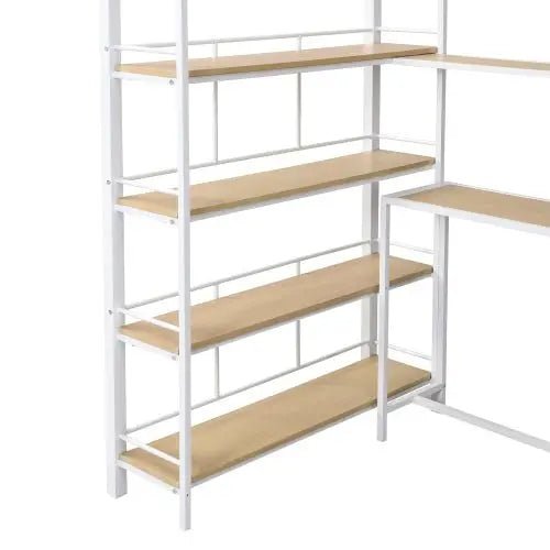 Bellemave® Twin Size Metal Loft Bed with Staircase, Built - in Desk and Storage Shelves - Bellemave