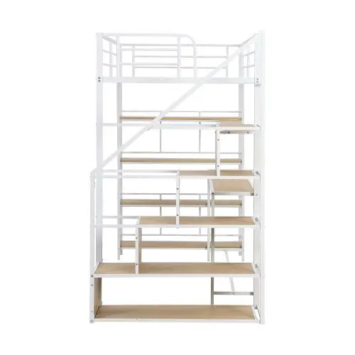 Bellemave Twin Size Metal Loft bed with Staircase, Built-in Desk and Storage Shelves, White - Bellemave