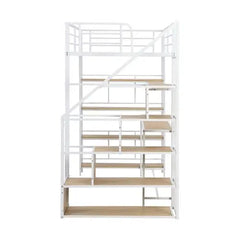 Bellemave Twin Size Metal Loft bed with Staircase, Built-in Desk and Storage Shelves, White - Bellemave