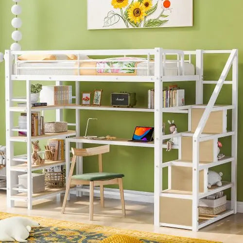 Bellemave Twin Size Metal Loft bed with Staircase, Built-in Desk and Storage Shelves, White - Bellemave