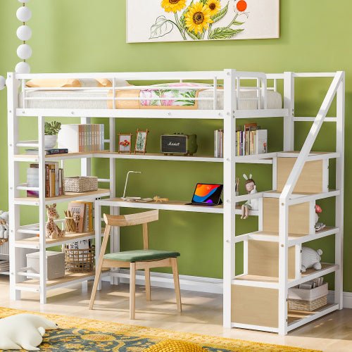 Bellemave Twin Size Metal Loft bed with Staircase, Built-in Desk and Storage Shelves, White - Bellemave