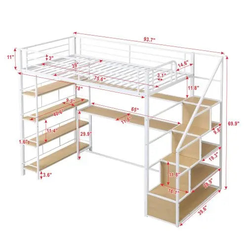 Bellemave Twin Size Metal Loft bed with Staircase, Built-in Desk and Storage Shelves, White - Bellemave