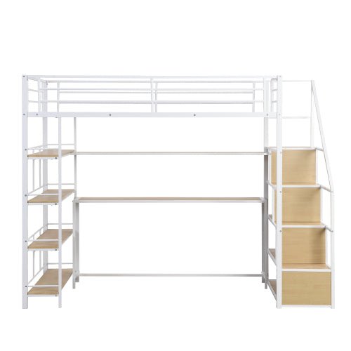 Bellemave Twin Size Metal Loft bed with Staircase, Built-in Desk and Storage Shelves, White - Bellemave