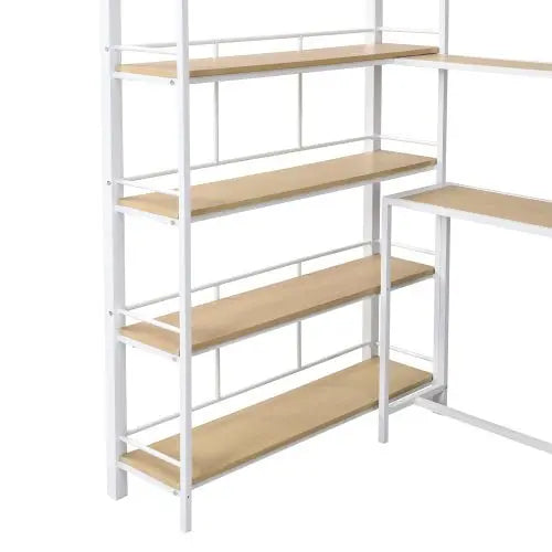 Bellemave Twin Size Metal Loft bed with Staircase, Built-in Desk and Storage Shelves, White - Bellemave