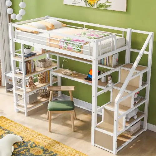 Bellemave Twin Size Metal Loft bed with Staircase, Built-in Desk and Storage Shelves, White - Bellemave