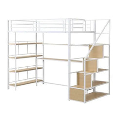 Bellemave Twin Size Metal Loft bed with Staircase, Built-in Desk and Storage Shelves, White - Bellemave