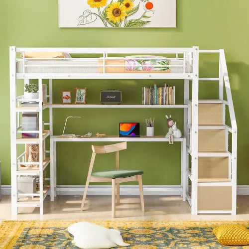 Bellemave Twin Size Metal Loft bed with Staircase, Built-in Desk and Storage Shelves, White - Bellemave