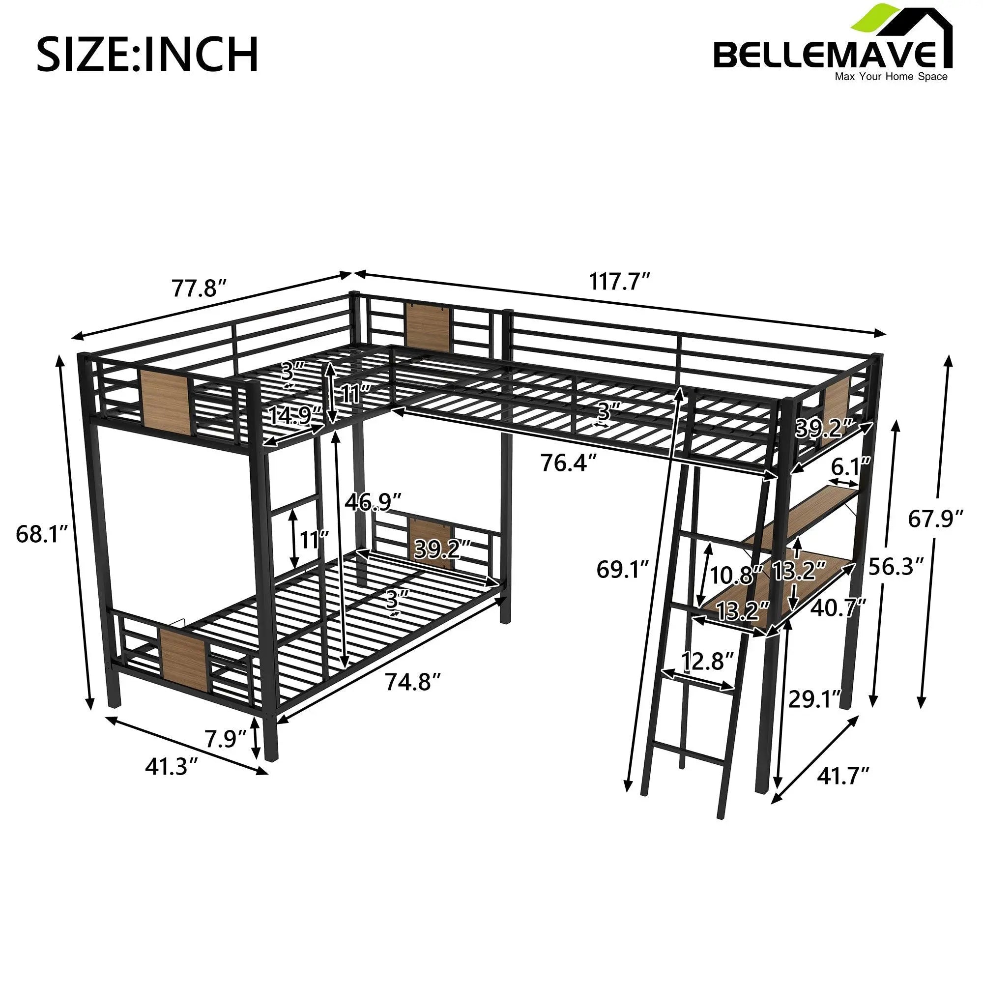 Bellemave® Twin Size Metal Triple Bunk Bed L - Shaped with Desk and Shelf - Bellemave