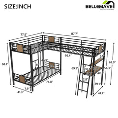 Bellemave® Twin Size Metal Triple Bunk Bed L - Shaped with Desk and Shelf - Bellemave