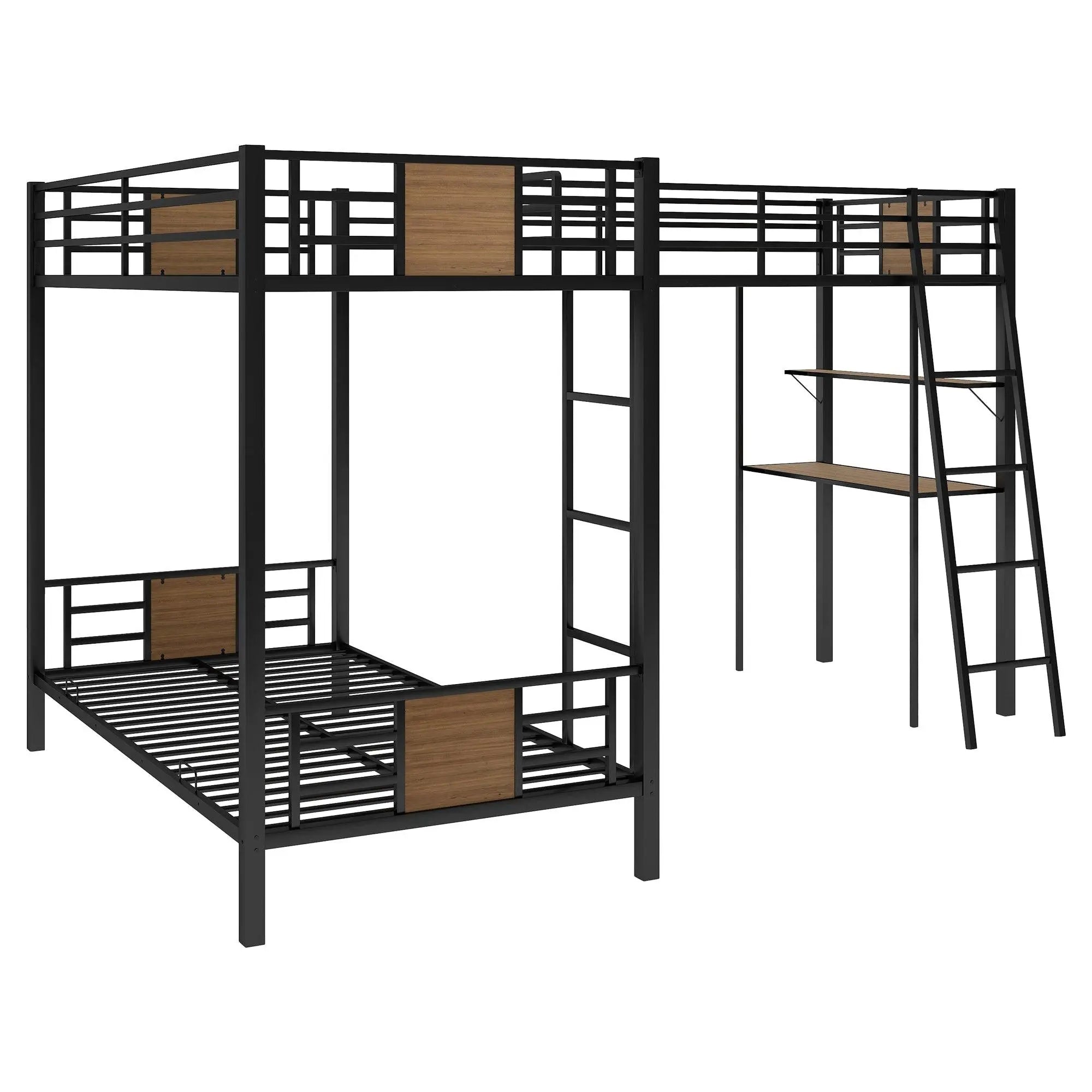 Bellemave® Twin Size Metal Triple Bunk Bed L - Shaped with Desk and Shelf - Bellemave