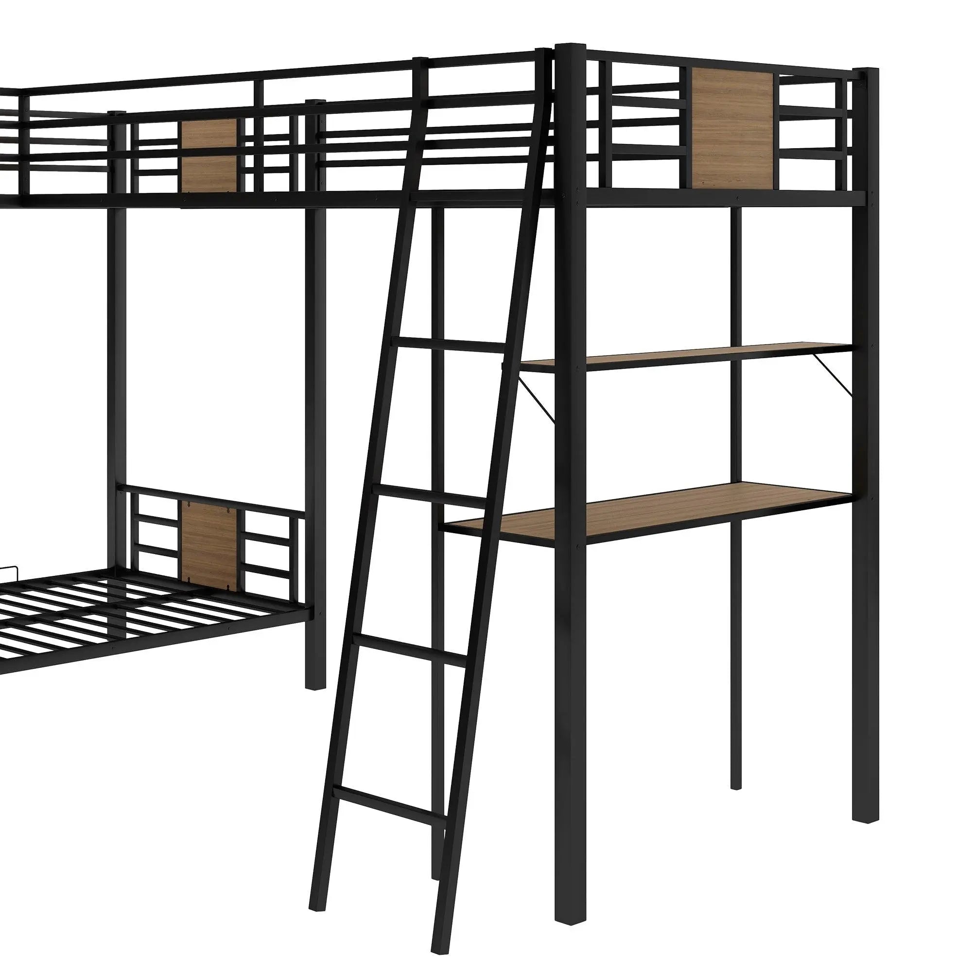 Bellemave® Twin Size Metal Triple Bunk Bed L - Shaped with Desk and Shelf - Bellemave