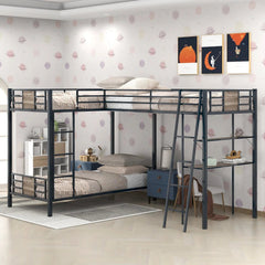 Bellemave® Twin Size Metal Triple Bunk Bed L - Shaped with Desk and Shelf - Bellemave