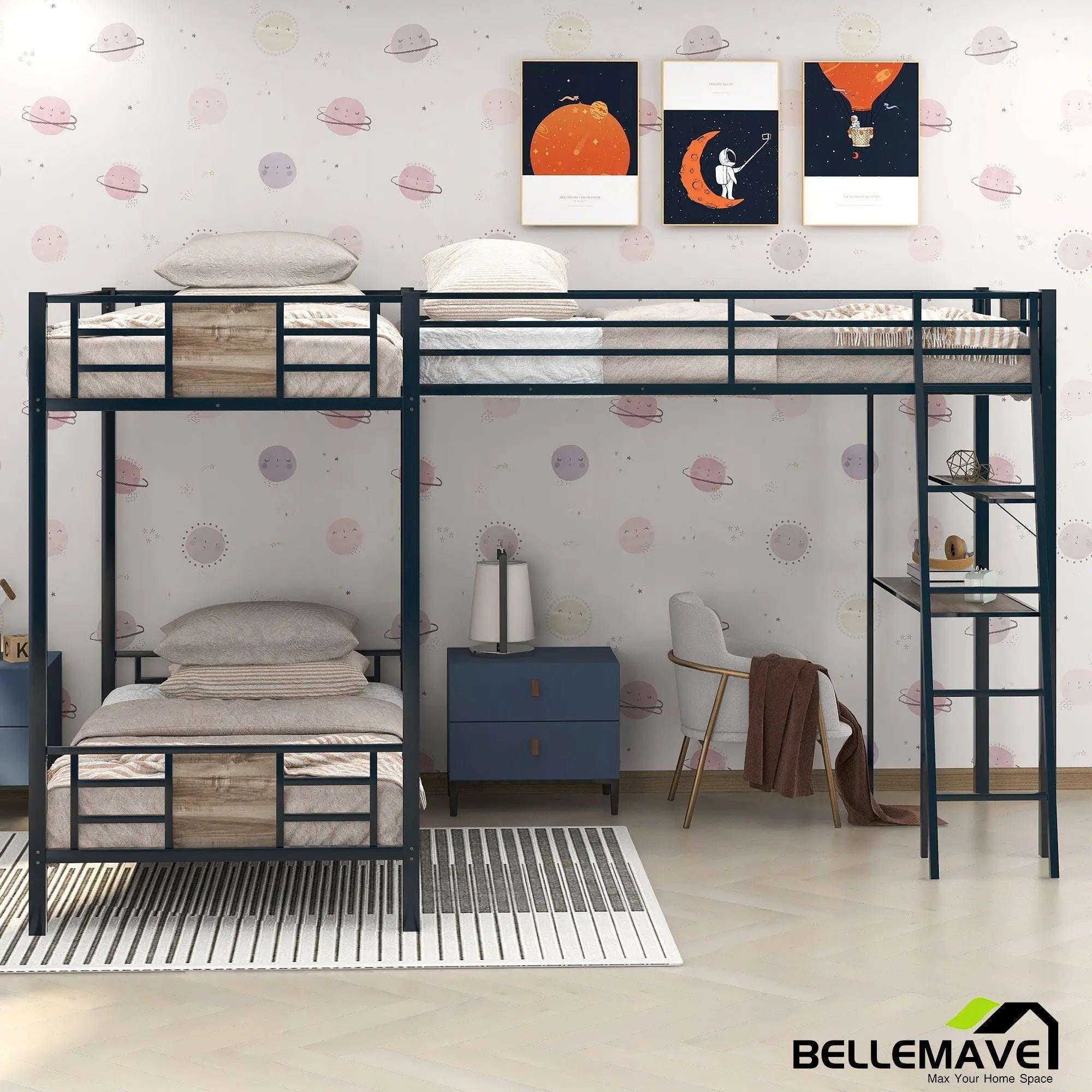 Bellemave® Twin Size Metal Triple Bunk Bed L - Shaped with Desk and Shelf - Bellemave