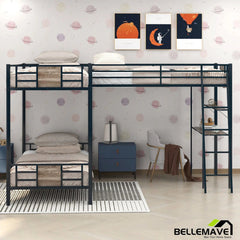 Bellemave® Twin Size Metal Triple Bunk Bed L - Shaped with Desk and Shelf - Bellemave