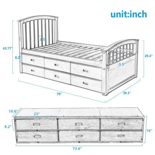 Bellemave® Twin Size Solid Wood Platform Bed with 6 Drawers - Bellemave