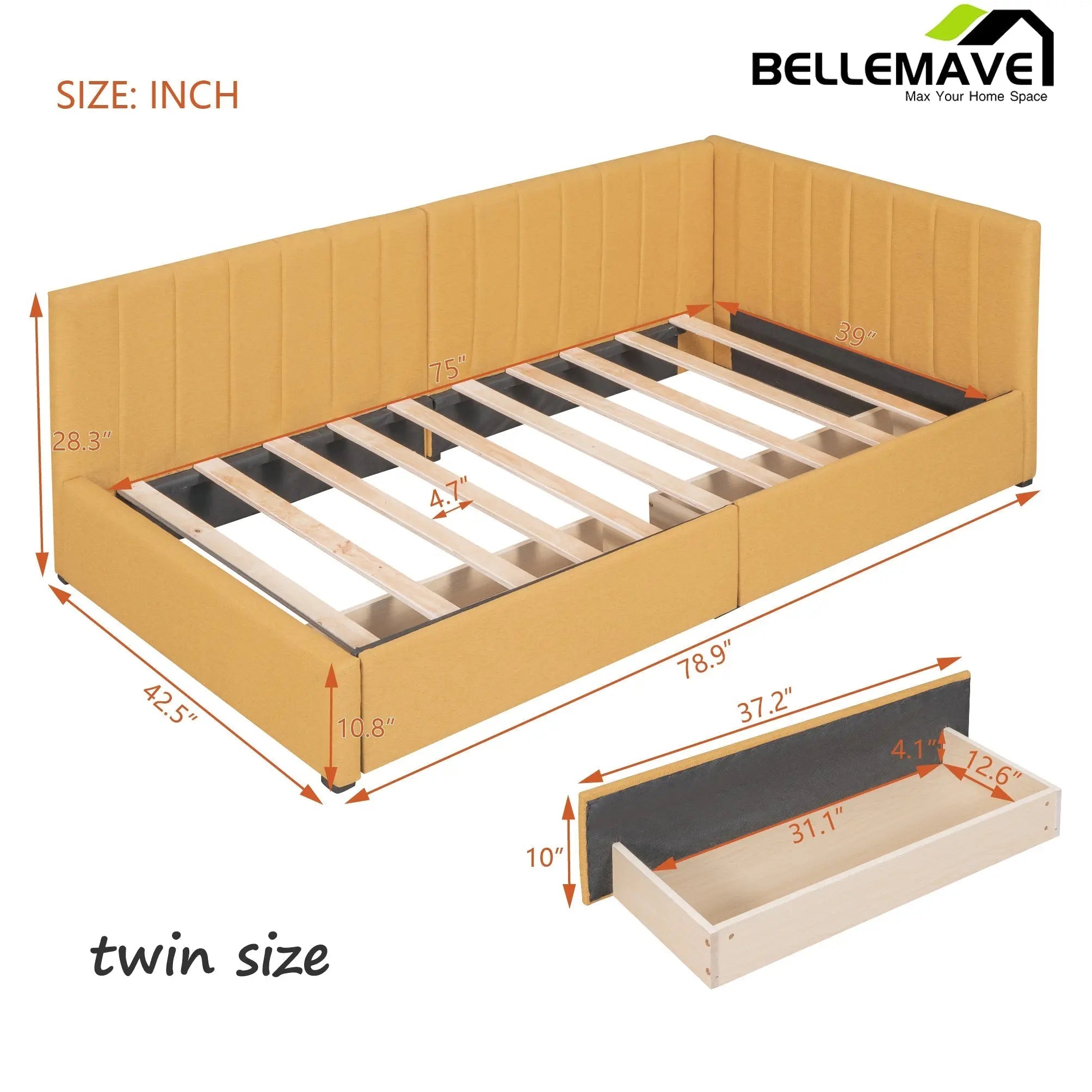 Bellemave® Twin Size Upholstered Daybed with 2 Drawers - Bellemave