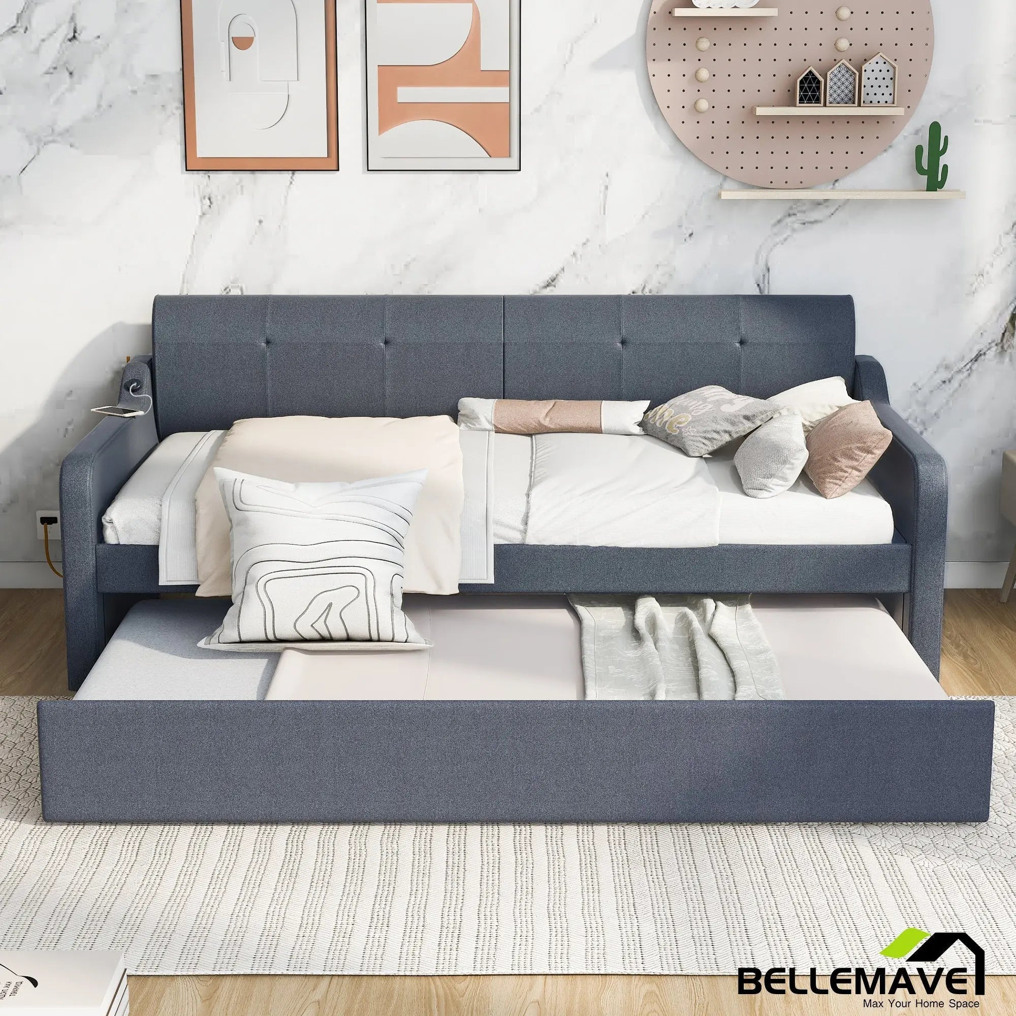Bellemave® Twin Size Upholstered Daybed with Trundle and USB Charging - Bellemave