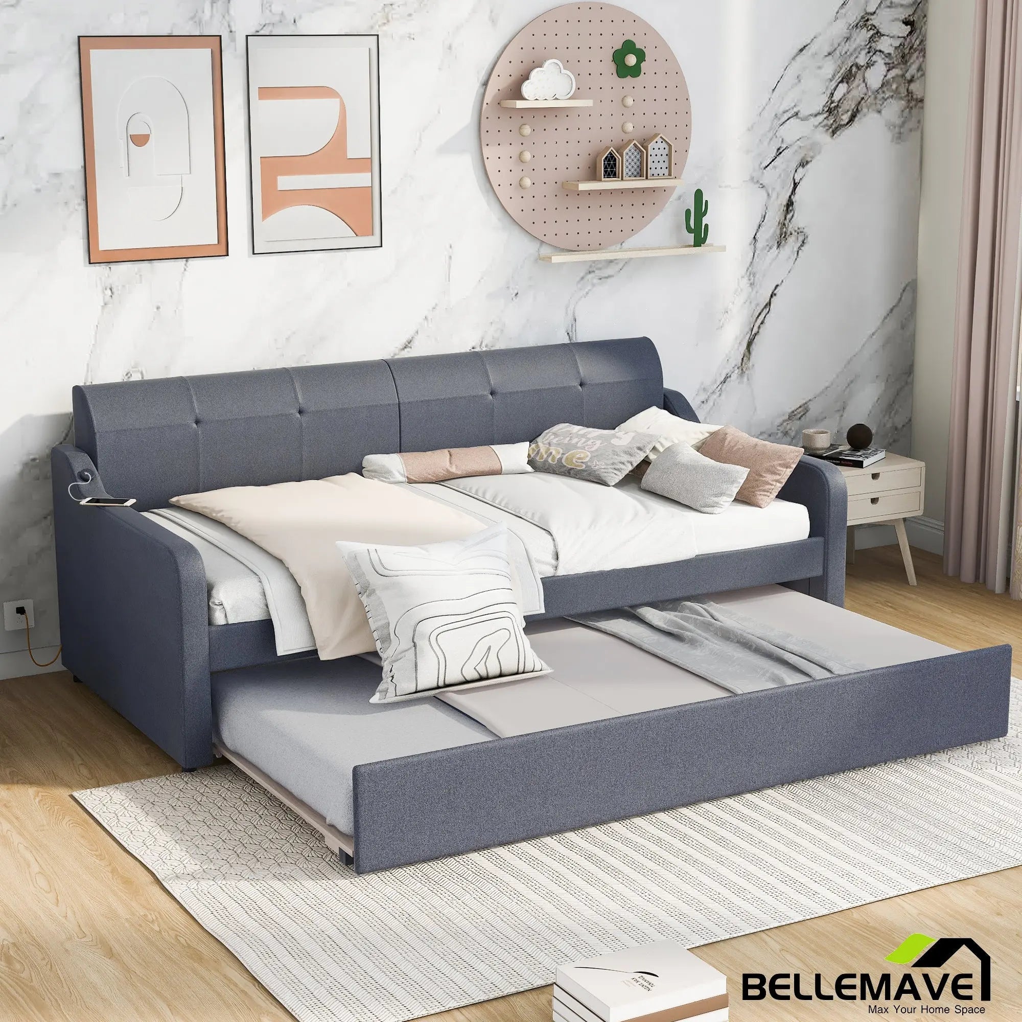 Bellemave® Twin Size Upholstered Daybed with Trundle and USB Charging - Bellemave