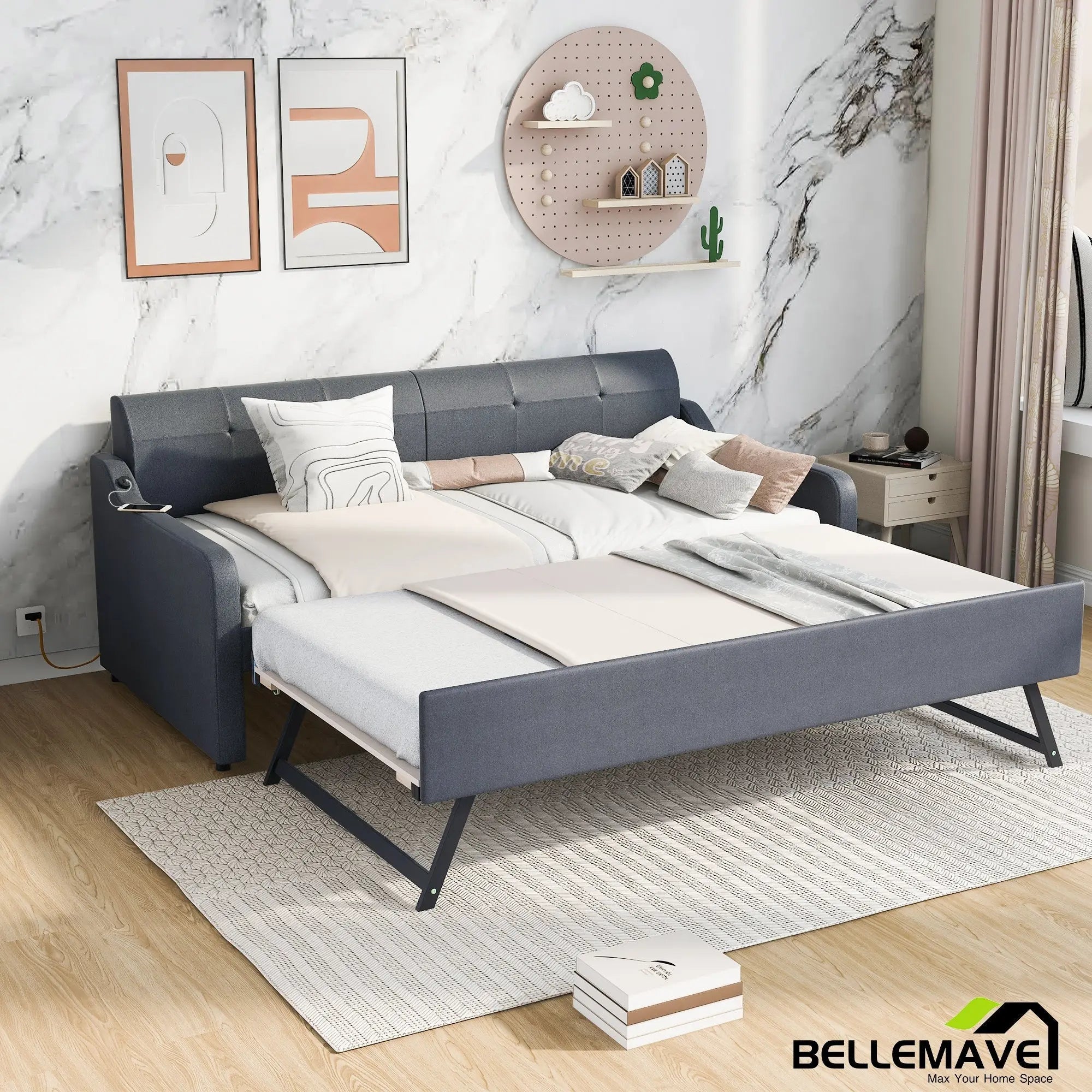 Bellemave® Twin Size Upholstered Daybed with Trundle and USB Charging - Bellemave