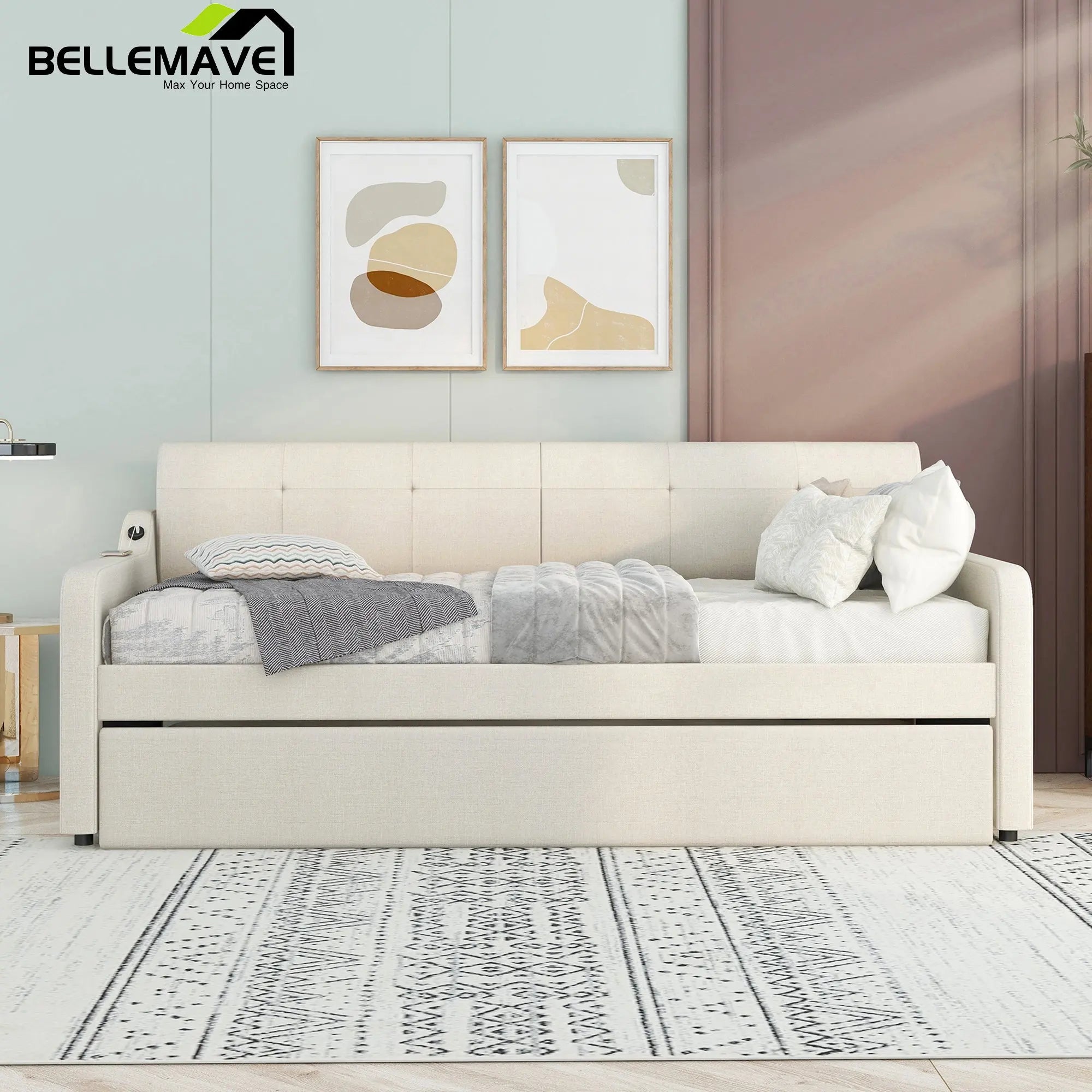 Bellemave® Twin Size Upholstered Daybed with Trundle and USB Charging - Bellemave