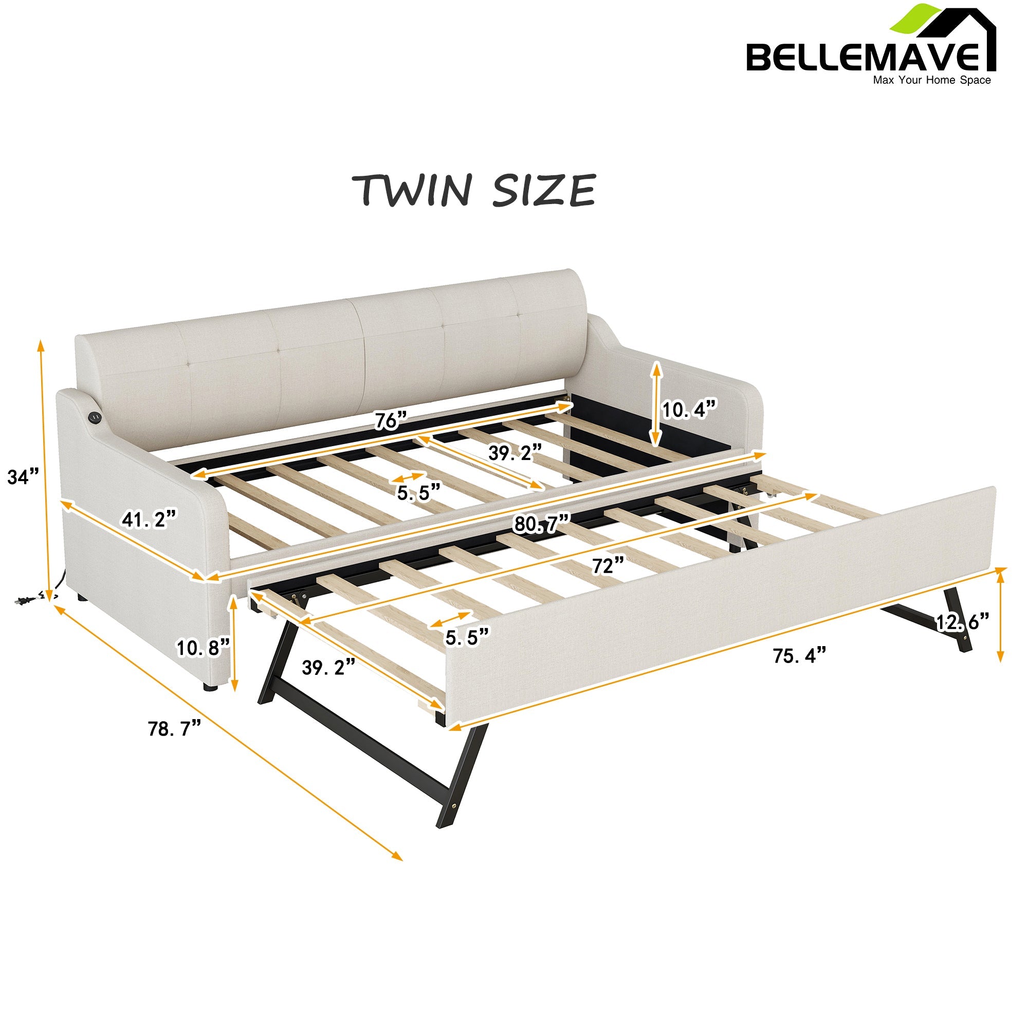 Bellemave Twin Size Upholstery Daybed with Trundle and USB Charging - Bellemave