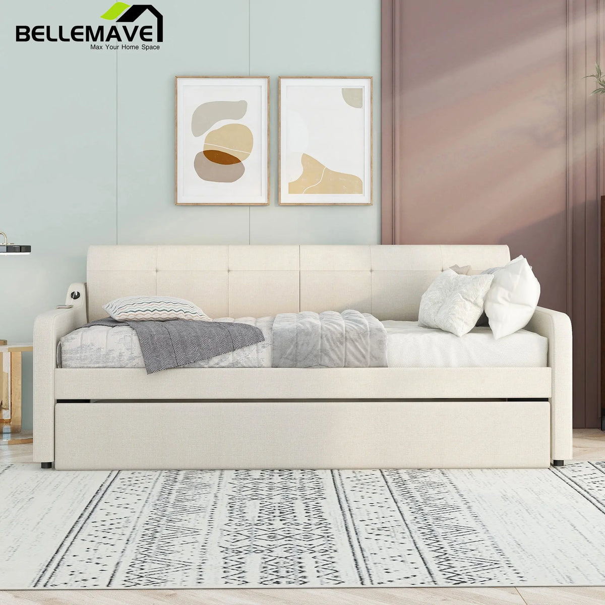 Bellemave Twin Size Upholstery Daybed with Trundle and USB Charging - Bellemave