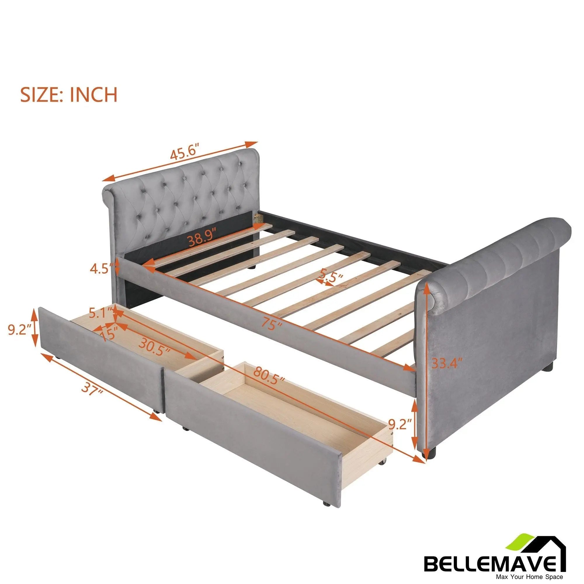 Bellemave® Twin Size Velvet Upholstered Daybed with Drawers - Bellemave