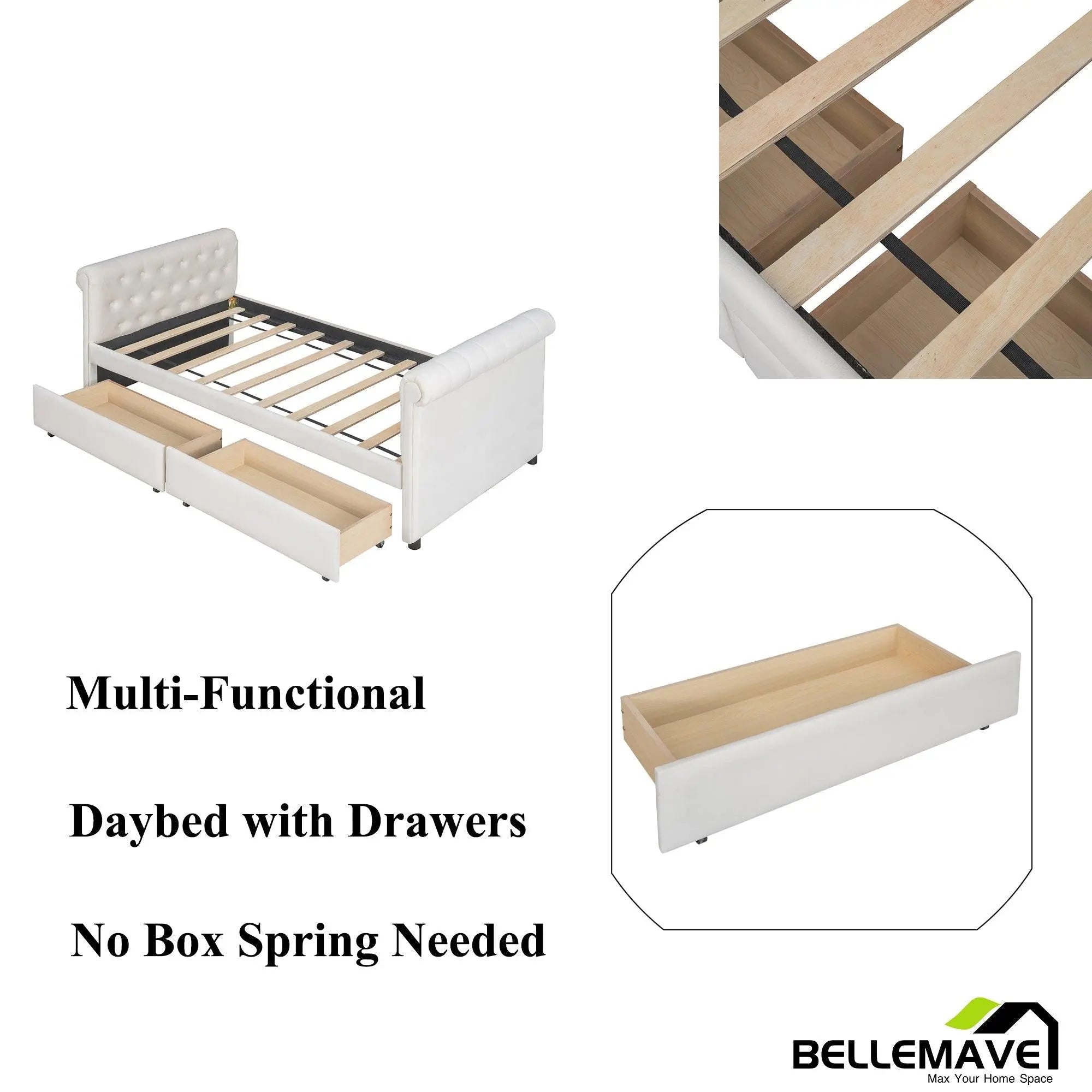 Bellemave® Twin Size Velvet Upholstered Daybed with Drawers - Bellemave