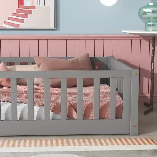 Bellemave Twin Size Wood Floor Bed with Fence without Door - Bellemave