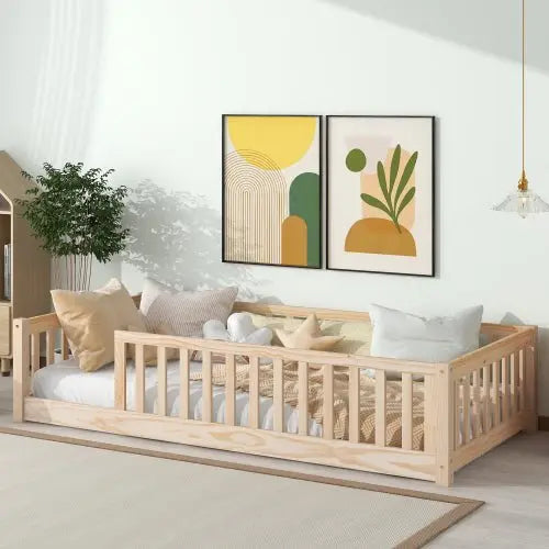 Bellemave Twin Size Wood Floor Bed with Fence without Door - Bellemave