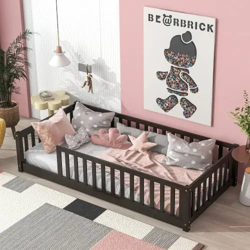 Bellemave Twin Size Wood Floor Bed with Fence without Door - Bellemave