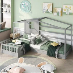 Bellemave® Twin Size Wood House Bed L - Structure with Fence and Slatted - Bellemave