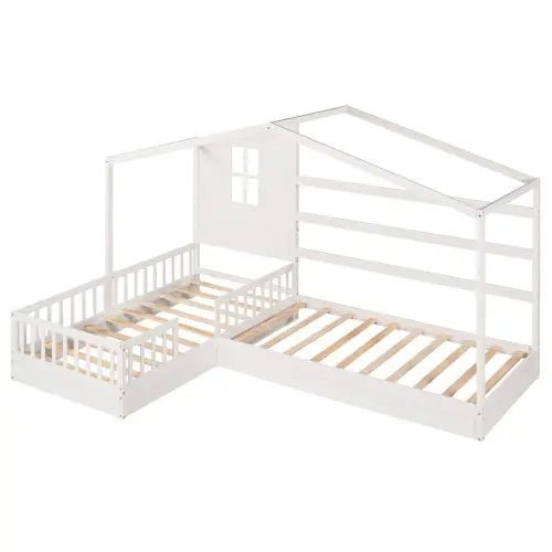 Bellemave® Twin Size Wood House Bed L - Structure with Fence and Slatted - Bellemave