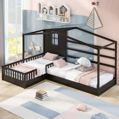 Bellemave® Twin Size Wood House Bed L - Structure with Fence and Slatted - Bellemave