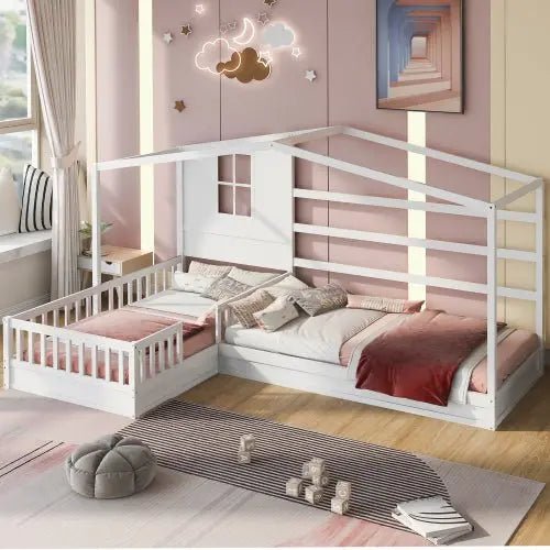 Bellemave® Twin Size Wood House Bed L - Structure with Fence and Slatted - Bellemave