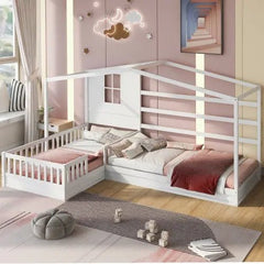Bellemave® Twin Size Wood House Bed L - Structure with Fence and Slatted - Bellemave
