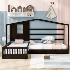 Bellemave® Twin Size Wood House Bed L - Structure with Fence and Slatted - Bellemave