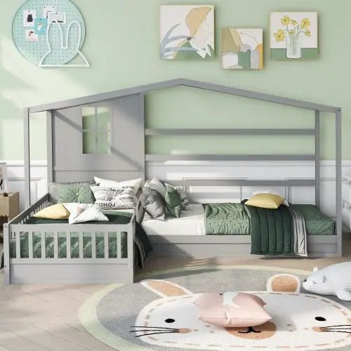 Bellemave® Twin Size Wood House Bed L - Structure with Fence and Slatted - Bellemave