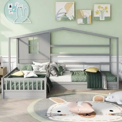 Bellemave® Twin Size Wood House Bed L - Structure with Fence and Slatted - Bellemave