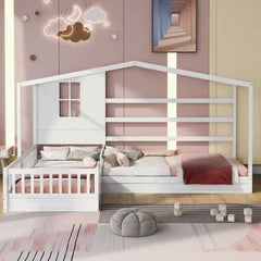 Bellemave® Twin Size Wood House Bed L - Structure with Fence and Slatted - Bellemave