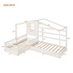 Bellemave® Twin Size Wood House Bed L - Structure with Fence and Slatted - Bellemave