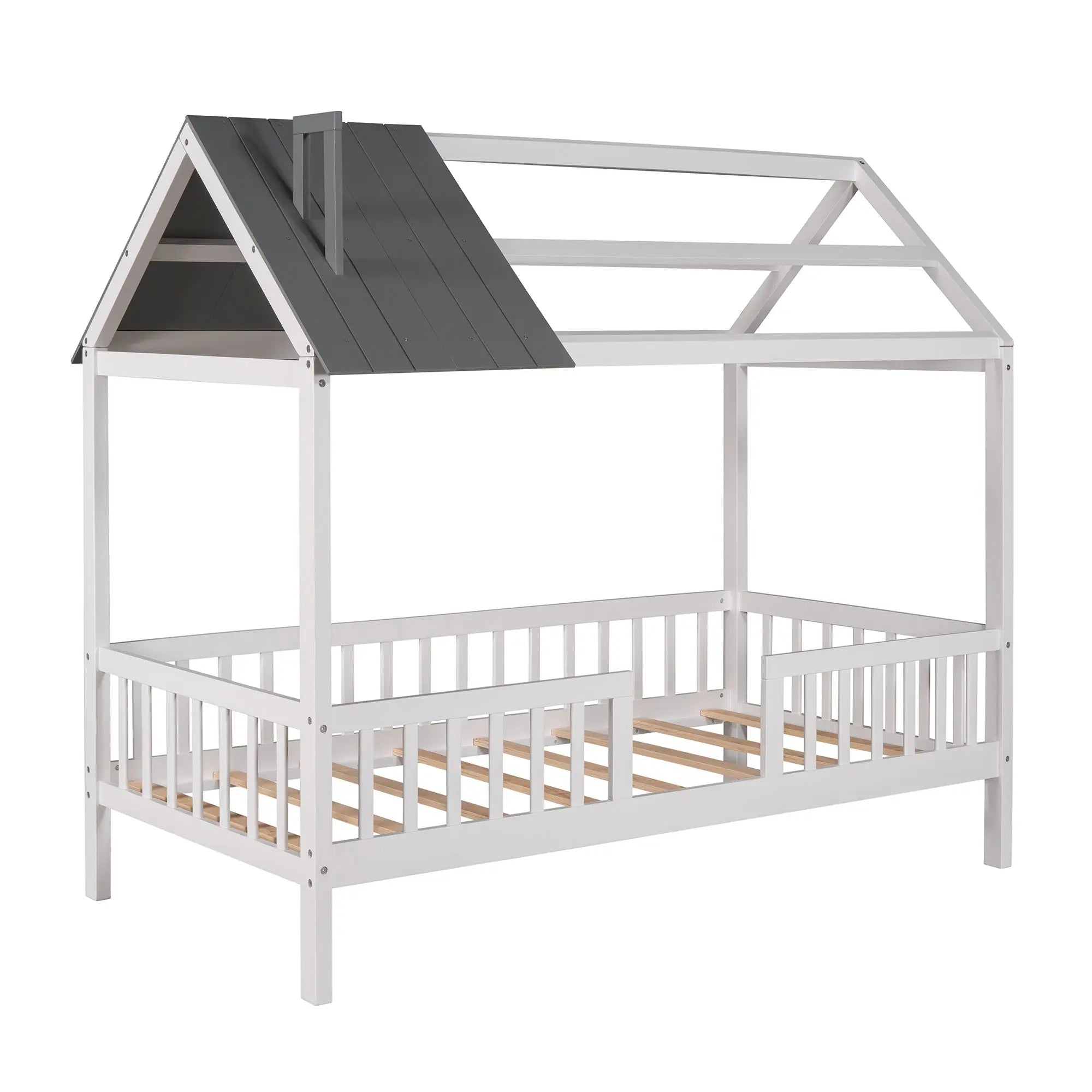 Bellemave® Twin Size Wood House Bed with Fence - Bellemave