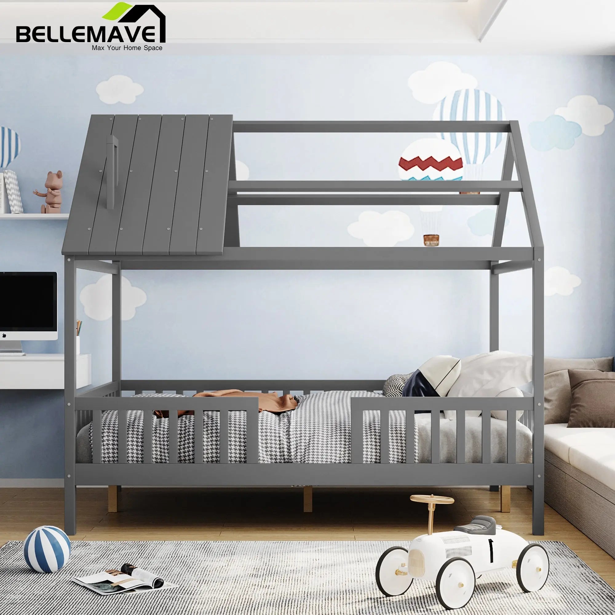 Bellemave® Twin Size Wood House Bed with Fence - Bellemave