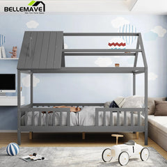 Bellemave® Twin Size Wood House Bed with Fence - Bellemave