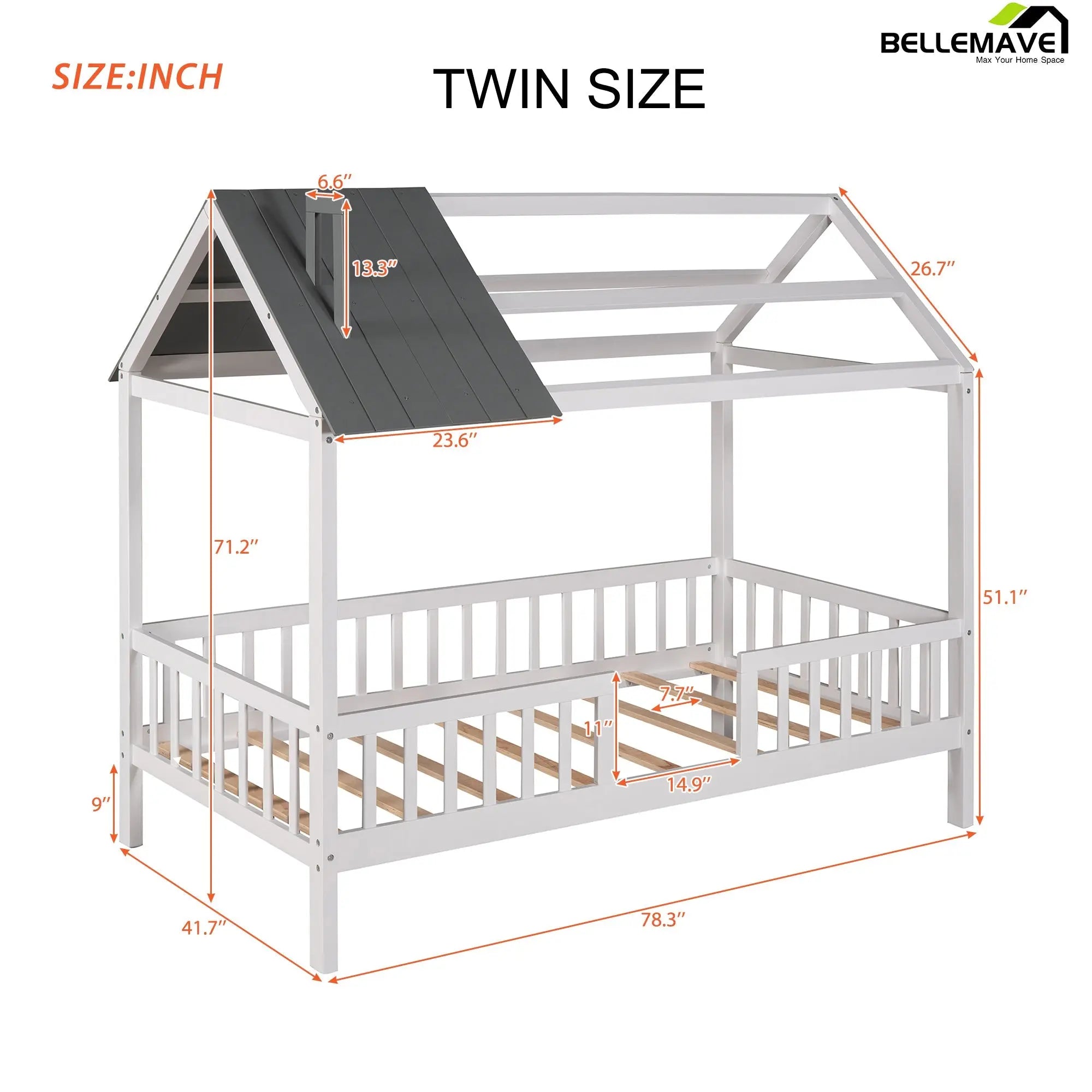 Bellemave® Twin Size Wood House Bed with Fence - Bellemave