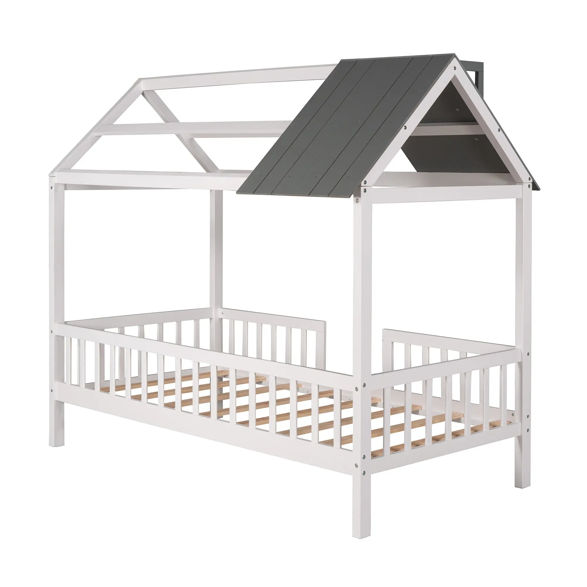 Bellemave® Twin Size Wood House Bed with Fence - Bellemave