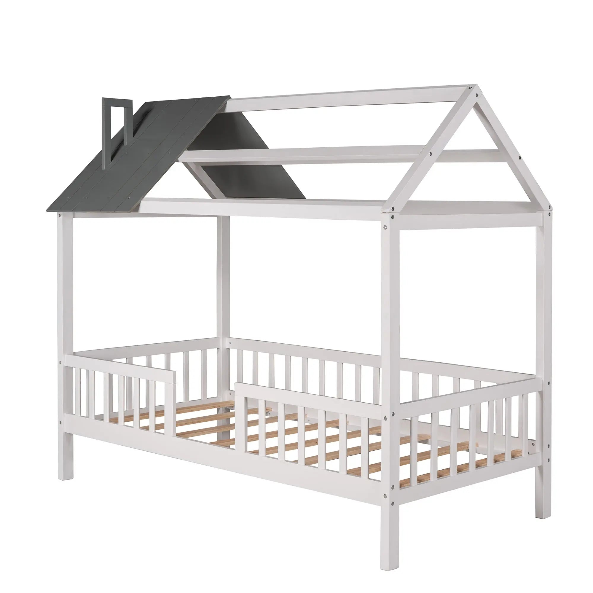 Bellemave® Twin Size Wood House Bed with Fence - Bellemave