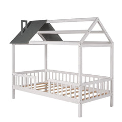 Bellemave® Twin Size Wood House Bed with Fence - Bellemave