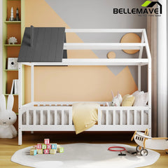 Bellemave® Twin Size Wood House Bed with Fence - Bellemave