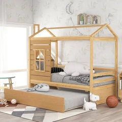 Bellemave® Twin Size Wood House Bed with Trundle Bed - Bellemave